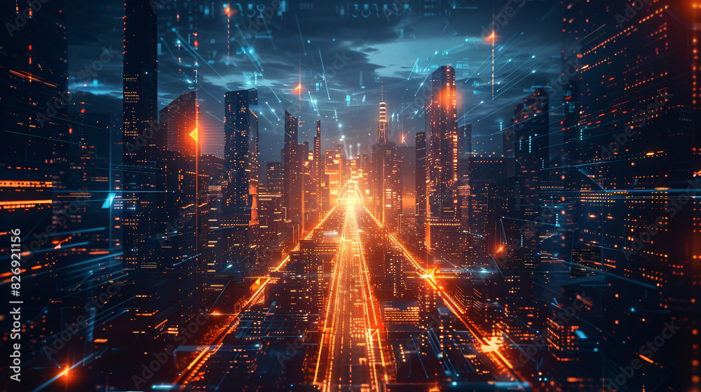 A futuristic cityscape at night with neon lights and digital overlays, showcasing the next generation technology era, with space for text.