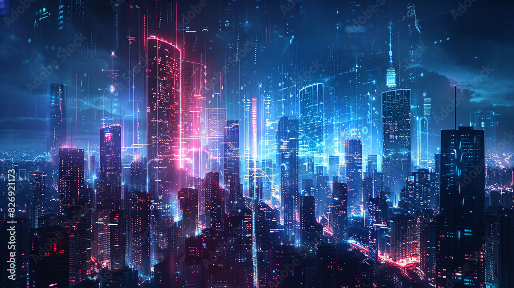 A futuristic cityscape at night with neon lights and digital overlays, showcasing the next generation technology era, with space for text. A futuristic cityscape at night with neon lights and digital overlays, showcasing the next generation technology era, with space for text.