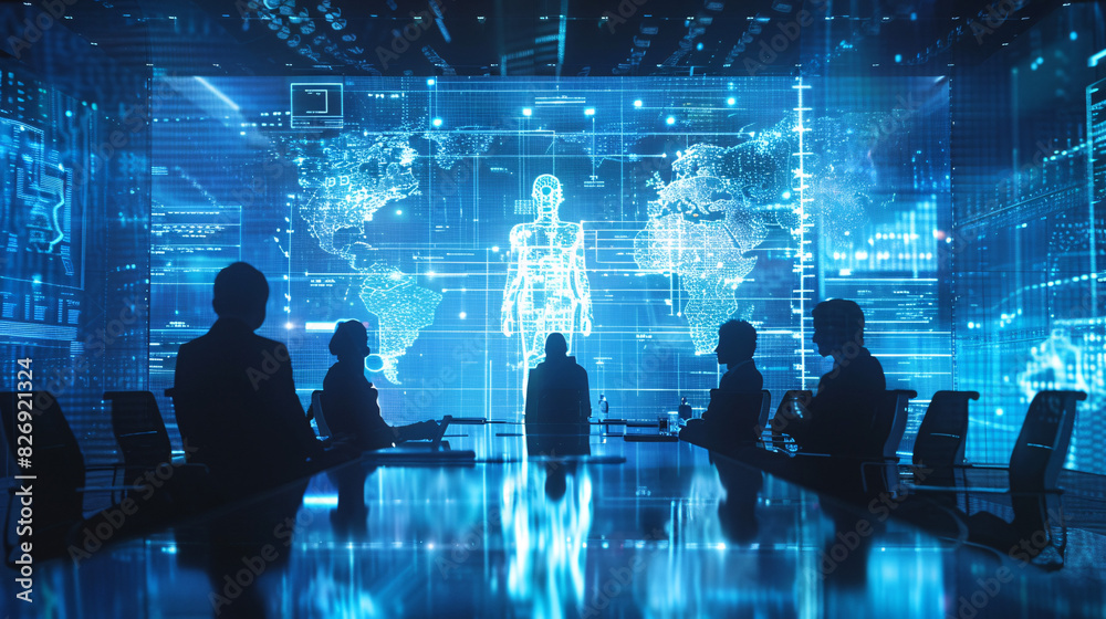 A virtual meeting with holographic participants, demonstrating digital transformation in communication, with ample space for text. A virtual meeting with holographic participants, demonstrating digital transformation in communication, with ample space for text.