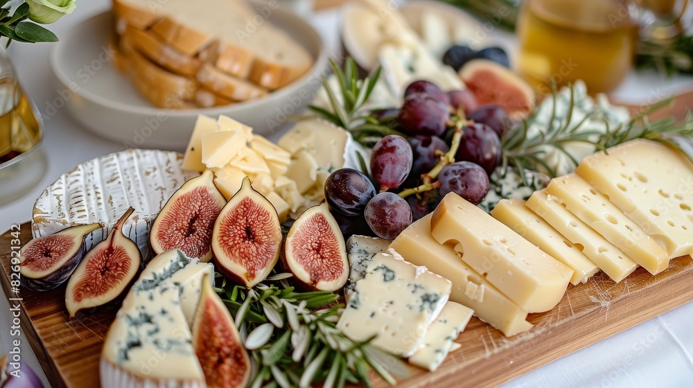Close-up of a sophisticated cheese plate with parmesan, pecorino, gorgonzola, figs, and honey, luxurious spread Close-up of a sophisticated cheese plate with parmesan, pecorino, gorgonzola, figs, and honey, luxurious spread