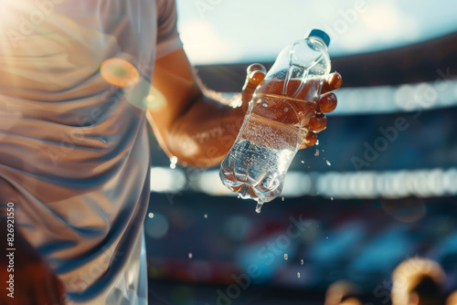 Close up of a man's hand holding a bottle of drinking water, with a blurred stadium in the background. Focus on the hands and liquid. Bright sunlight. photo