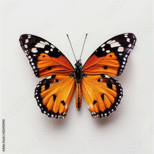 A beautiful orange and black butterfly with delicate wings rests on a colorful flower in a summer garden
