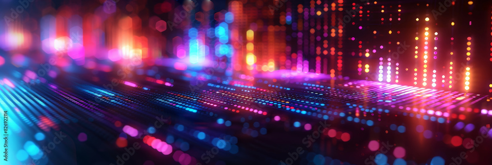 Abstract background with blurred colorful bars and lights on dark background, AI digital music composition concept.colorful data tranfer business technology background.blur binary data,futuristic,