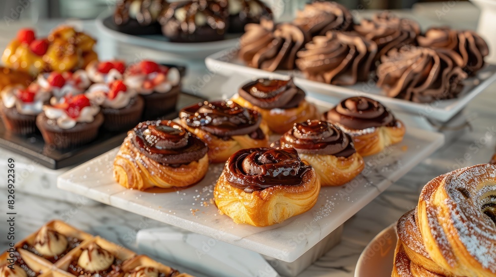 Fresh chocolate filled buns along with a variety of pastries displayed on the countertop Fresh chocolate filled buns along with a variety of pastries displayed on the countertop