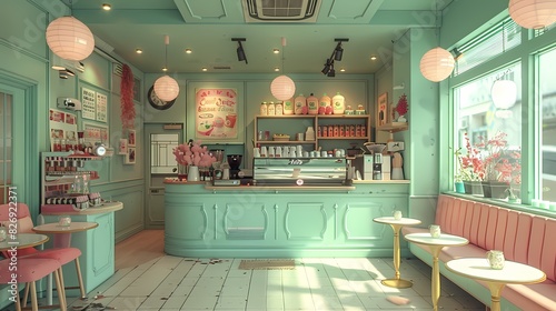 cozy caf?(C) with interior decor in soft fluffy hues of light pink and pastel green