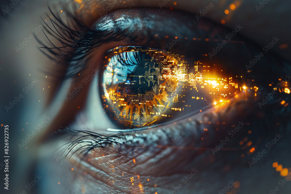 A close-up of an eye with digital data reflections, symbolizing the human interface with advanced technology, with space for text. A close-up of an eye with digital data reflections, symbolizing the human interface with advanced technology, with space for text.