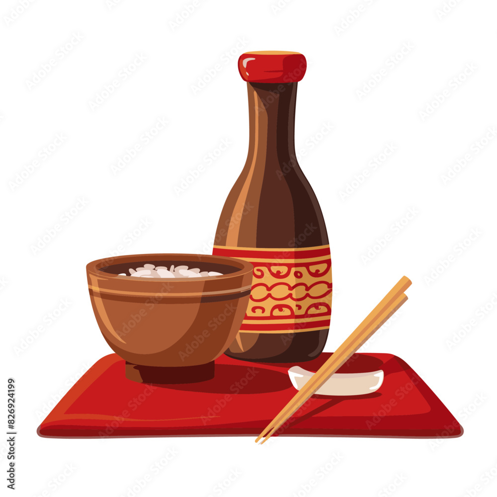 traditional Japanese setting with a bottle of sake, two cups, and a bowl of rice on a red cloth traditional Japanese setting with a bottle of sake, two cups, and a bowl of rice on a red cloth