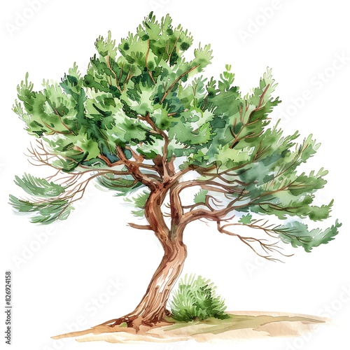 Create a watercolor painting of a single pine tree photo