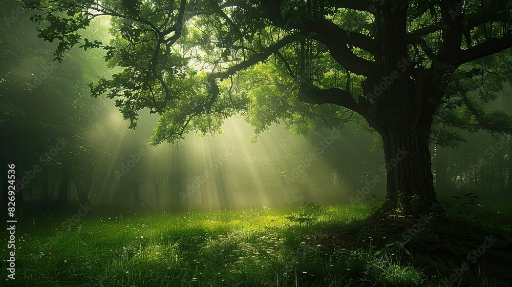 Obraz premium landscape forest with mountains and fog. grass field wallpaper. landscape forest with fog wallpaper. landscape mountains with fog wallpaper. forest with fog background. Fantasy landscape forest.