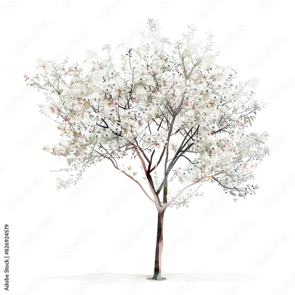 Fototapeta premium Create a watercolor painting of a single cherry blossom tree in full bloom against a white background