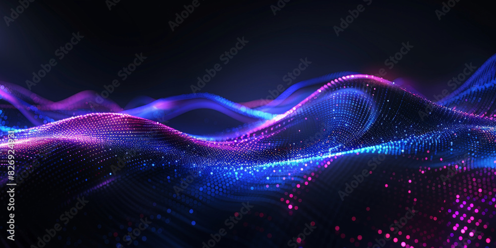 Fototapeta premium 3d dark purple blue neon lines wave dots representing digital binary data. Concept for big data, deep machine learning, artificial intelligence, business technology ,futuristic. banner 