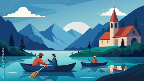 Amidst the tranquil setting of a mountain lake a pair of church members paddle silently in a canoe taking turns leading prayer and reflection.. Vector illustration