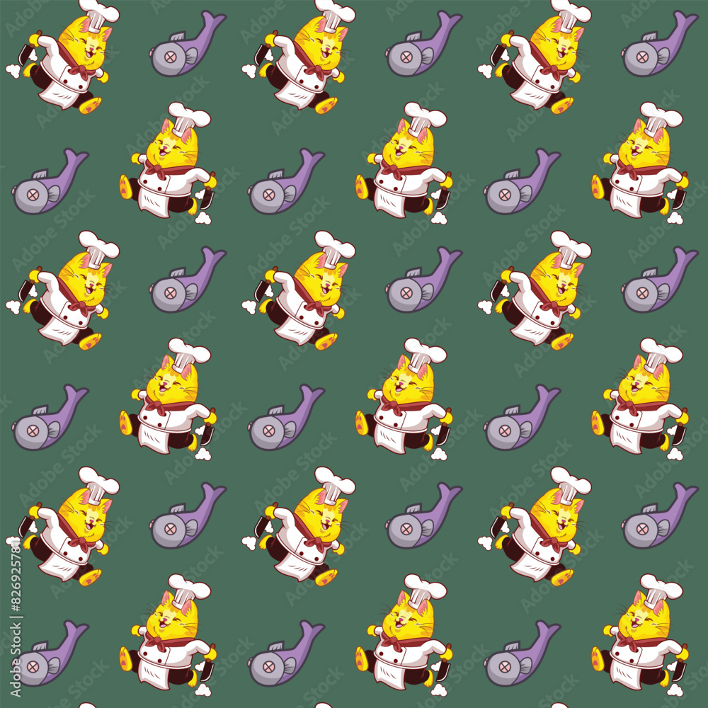 Obraz premium cat chef vector illustration seamless pattern
