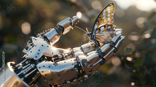 A robotic hand, intricately detailed and gleaming with chrome, gently cradles a single, delicate butterfly. Sunlight catches on the metallic surface, creating a sense of wonder and contrast.