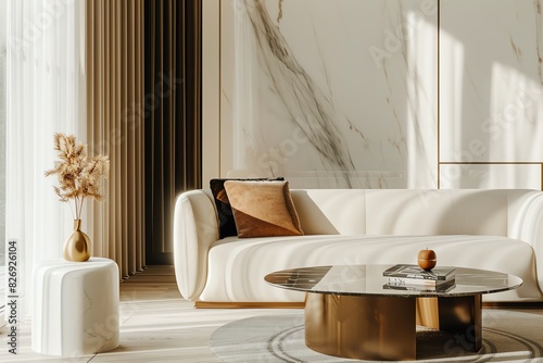 Interior of a modern living room with a white marble feature wall  cream sofa  gold accents and a brown throw pillow.