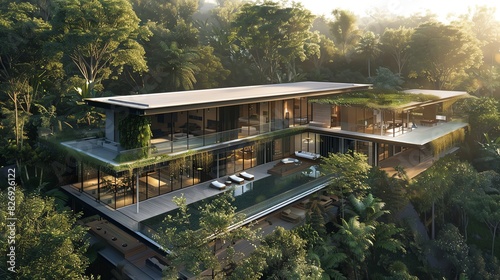 Design a modern luxury home with floor-to-ceiling windows, an infinity pool, and lush landscaping