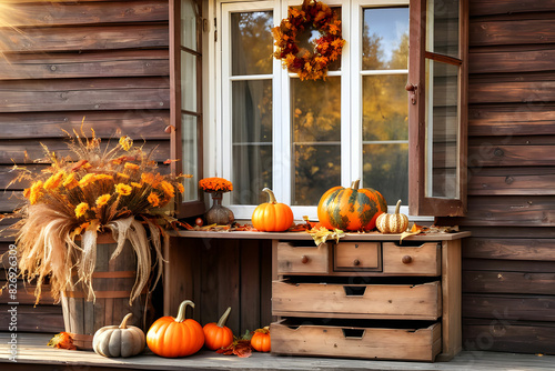 Decorative design window on the terrace. autumn wreath and pumpkins vintage old chest of drawers on wooden rustic background. autumn composition and recreation area sun ray