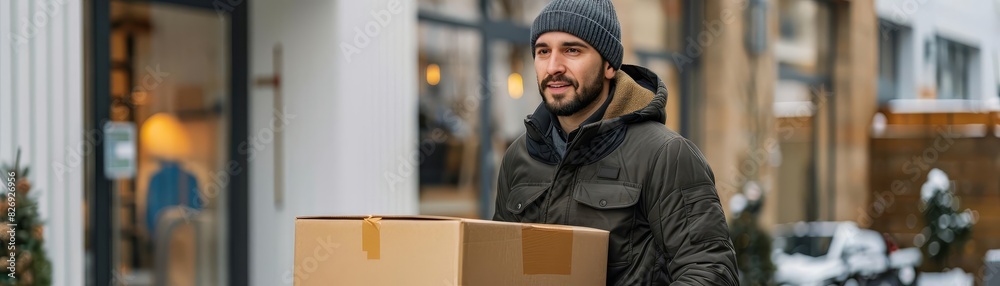 A delivery driver carrying a branded box containing a furniture item, with professional appearance and clean, modern background