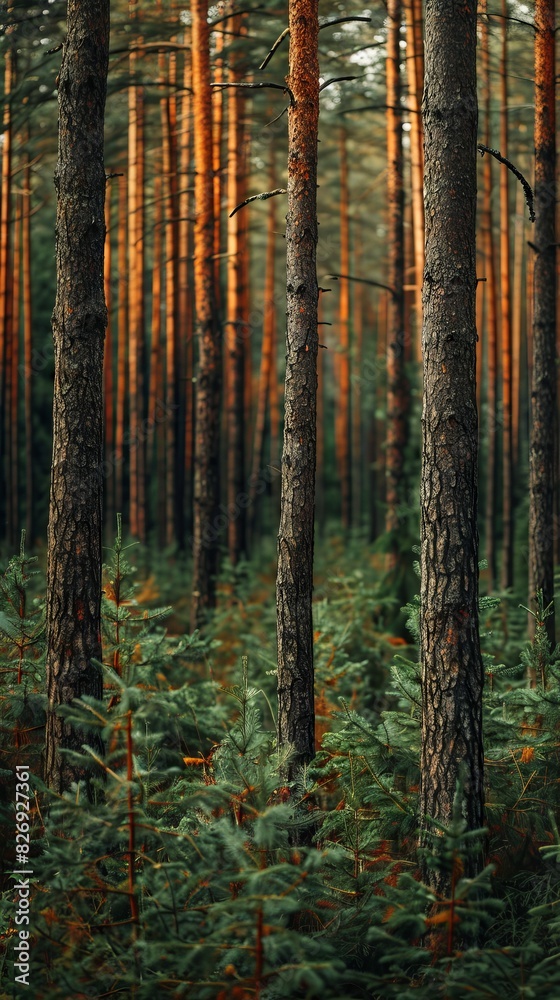 Realistic photography of coniferous forest. Abstract background of a northern forest Realistic photography of coniferous forest. Abstract background of a northern forest