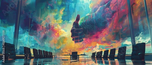 Surreal artwork of a large thumbs-up emerging from colorful clouds, seen through a window in a minimalistic room with empty chairs.