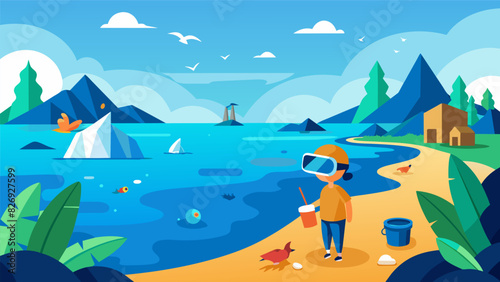 A peaceful VR ride along a virtual coastline showcasing the dangers of plastic pollution and the importance of beach cleanups.. Vector illustration