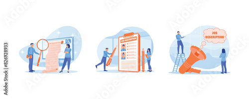 Unemployed looking for work. The HR team creates job descriptions. Explain the responsibilities and jobs. Job Description concept. Set flat vector illustration.