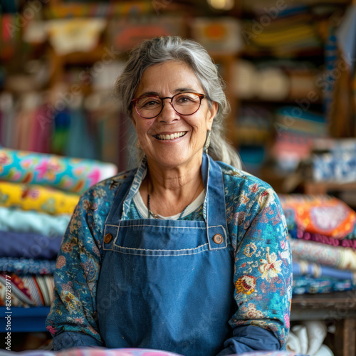 A smiling individual works at a store, washing fabrics on a table in the back of the shop.