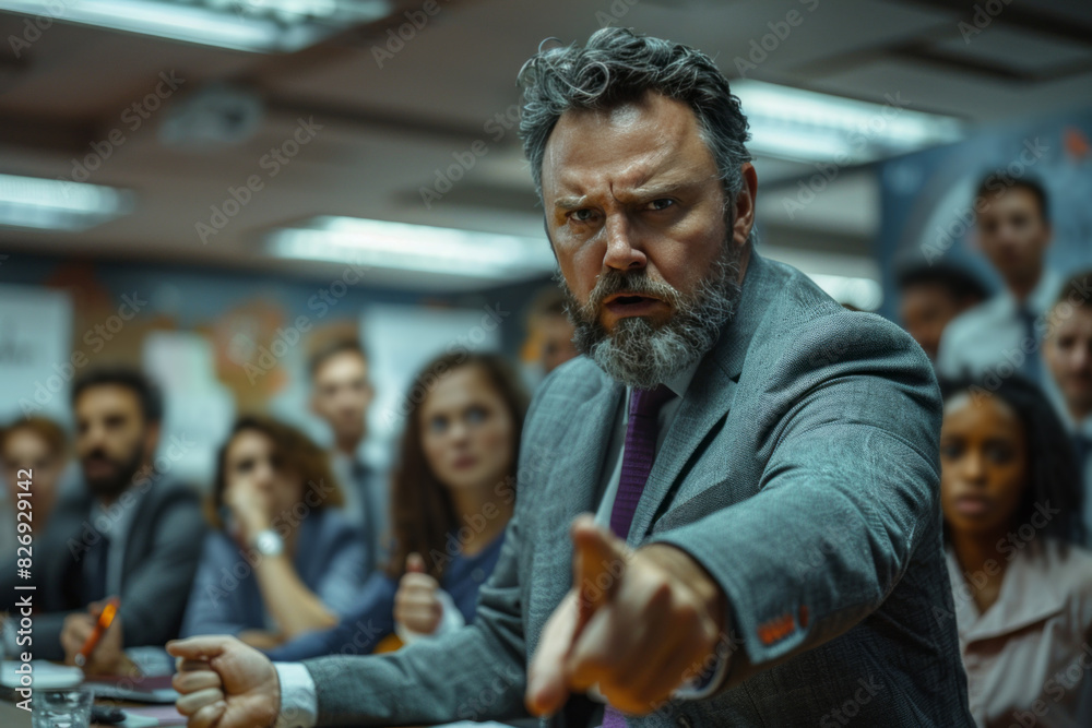 A boss stands up in front of their employees, pointing at them as they sit around on chairs with serious faces, captured in a cinematic still. A boss stands up in front of their employees, pointing at them as they sit around on chairs with serious faces, captured in a cinematic still.