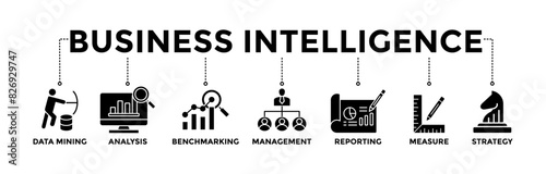 Business Intelligence banner icons se. Vector graphic glyph style with icon of data mining, analysis, benchmarking, management, reporting, measure, and strategy	