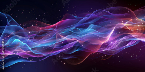 3d dark purple  blue neon lines wave dots representing digital binary data. Concept for big data  deep machine learning  artificial intelligence  business technology  futuristic. banner  