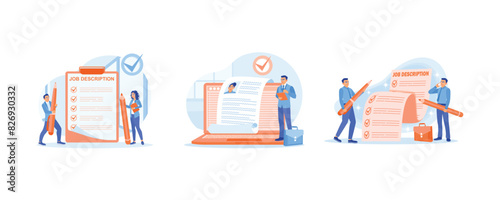 Candidates are looking for the right position. Job position with duties and responsibilities. Qualifications and requirements for office. Job Description concept. Set flat vector illustration.