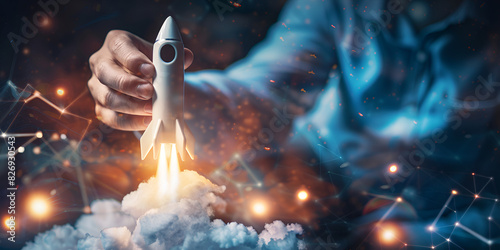 Businessman hand touching rocket launch business concept business success growth Business start up, Rocket launching and soar flying out from hand,Fast business success. Network connection on city bac photo