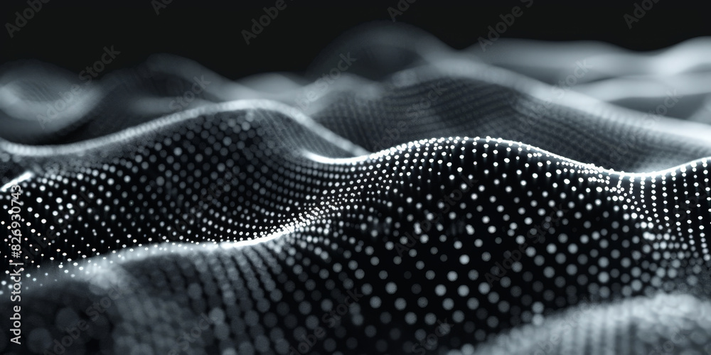 black background with white lines wave dots representing digital binary data. Concept for big data, deep machine learning, artificial intelligence, business technology ,futuristic black background with white lines wave dots representing digital binary data. Concept for big data, deep machine learning, artificial intelligence, business technology ,futuristic