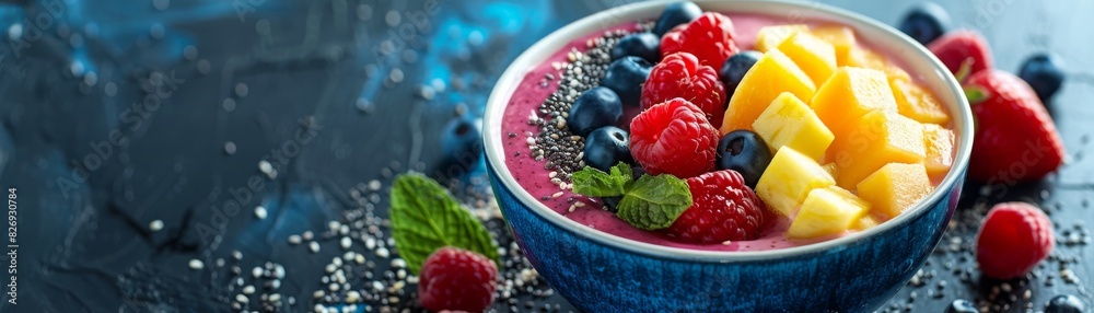 Colorful smoothie bowl topped with fresh fruits and seeds on a dark background, showcasing a healthy and vibrant meal. Colorful smoothie bowl topped with fresh fruits and seeds on a dark background, showcasing a healthy and vibrant meal.