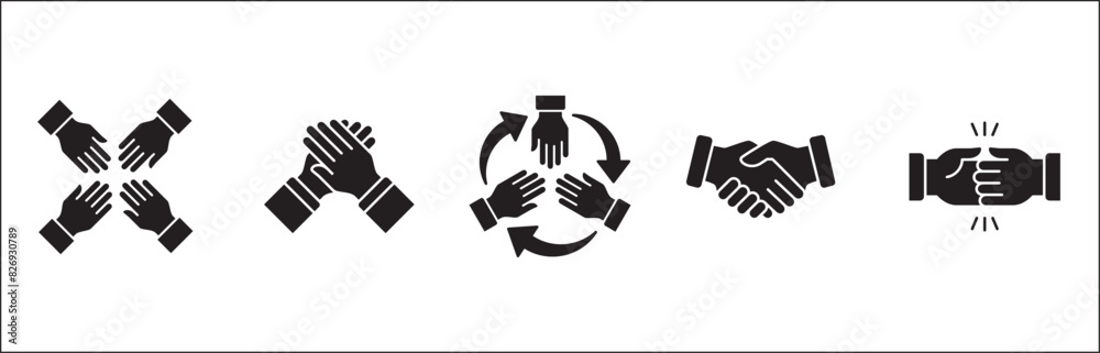 Teamwork icon. Cooperation hands icon set. Collaboration symbol. Business co-worker sign. Icons of brotherhood, relation, connection, partnership. Vector isolated illustration in flat solid design Teamwork icon. Cooperation hands icon set. Collaboration symbol. Business co-worker sign. Icons of brotherhood, relation, connection, partnership. Vector isolated illustration in flat solid design