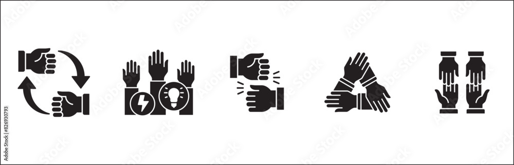 Teamwork icon. Cooperation hands icon set. Collaboration symbol. Business co-worker sign. Icons of brotherhood, relation, connection, partnership. Vector isolated illustration in flat solid design Teamwork icon. Cooperation hands icon set. Collaboration symbol. Business co-worker sign. Icons of brotherhood, relation, connection, partnership. Vector isolated illustration in flat solid design