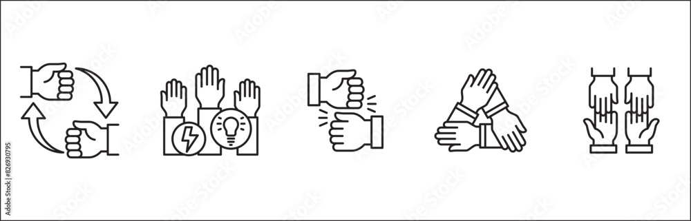Teamwork icon. Cooperation hands icon set. Collaboration symbol. Business co-worker sign. Icons of brotherhood, relation, connection, partnership. Vector isolated illustration in line style design Teamwork icon. Cooperation hands icon set. Collaboration symbol. Business co-worker sign. Icons of brotherhood, relation, connection, partnership. Vector isolated illustration in line style design