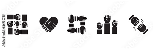 Teamwork icon. Cooperation hands icon set. Collaboration symbol. Business co-worker sign. Icons of brotherhood  relation  connection  partnership. Vector isolated illustration in flat solid design