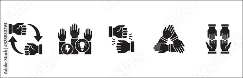 Teamwork icon. Cooperation hands icon set. Collaboration symbol. Business co-worker sign. Icons of brotherhood  relation  connection  partnership. Vector isolated illustration in flat solid design