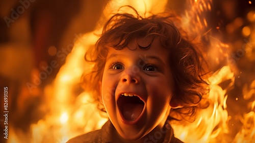 Close-up of a child's joyful face illuminated by the flickering flames of a Lag B'Omer bonfire, eyes sparkling with excitement and mouth open in a happy cheer. photo