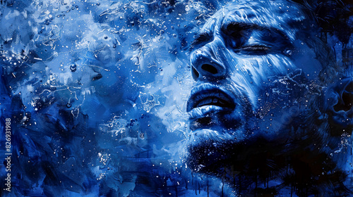 Surreal blue portrait of an abstract man with an intense emotional expression, dramatic closeup liquid detail © John