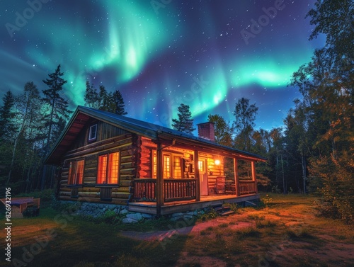 Cozy log cabin in a forest lit up at night under the Northern Lights, with vibrant colors illuminating the sky and natural surroundings.