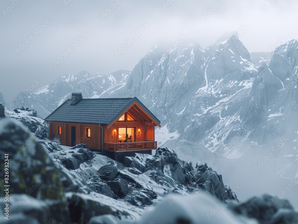 Cozy cabin glowing warmly in snowy, foggy mountain setting. A perfect winter retreat amidst majestic peaks and wintry atmosphere. Cozy cabin glowing warmly in snowy, foggy mountain setting. A perfect winter retreat amidst majestic peaks and wintry atmosphere.