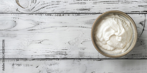 A bowl of yogurt sits on a white wooden surface photo