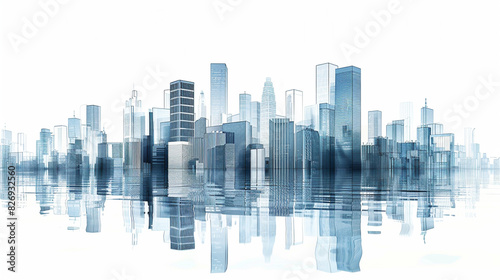Virtual city reflection landscape in blue and white tones