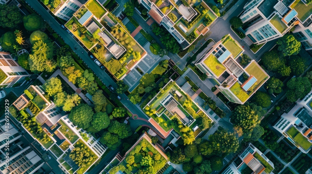 An aerial view of a city incorporating green roofs and parks, showcasing urban development and sustainability