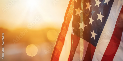 American flag waving in the wind with a warm sunset background creating a patriotic and inspiring atmosphere with soft bokeh lights
 photo