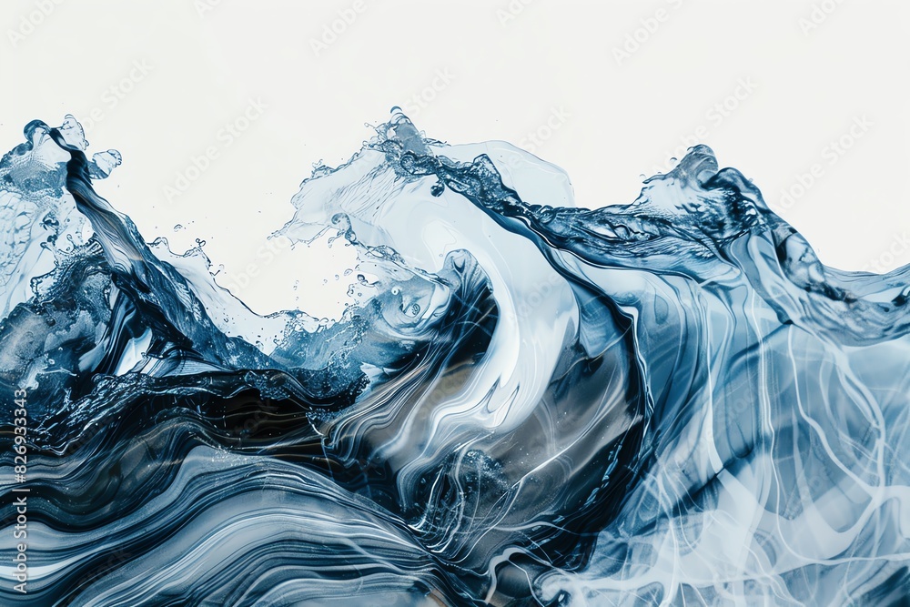 An abstract painting of blue and white waves crashing against a white background An abstract painting of blue and white waves crashing against a white background