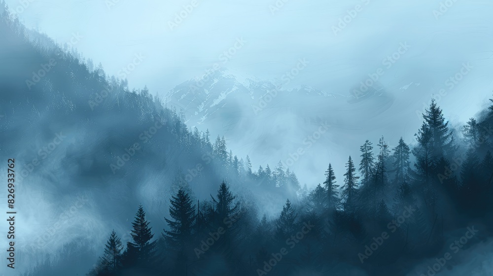 Foggy mountain landscape with trees