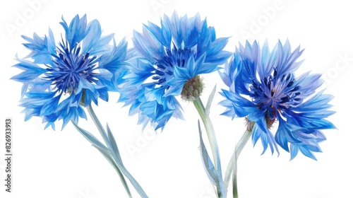 Delicate blue cornflower flowers transformed into an oil painting depicted in isolated white background